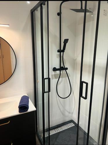 une douche avec une porte vitrée dans une salle de bain dans l'établissement Place Massena, à Nice