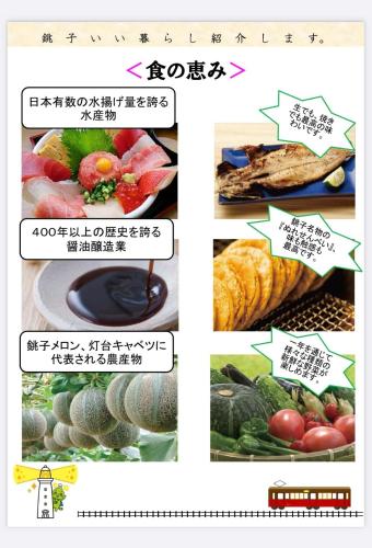 a collage of pictures of different fruits and vegetables at Eastern sunrise home Valuable historical Japanese-style exclusive 4mins to ocean in Choshi