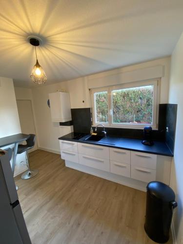 une cuisine vide avec un évier et une fenêtre dans l'établissement Cocon au cœur de l'Alsace, à Horbourg-Wihr