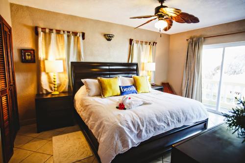 
a bedroom with a large bed and a large window at Pelican Reef Villas Resort in San Pedro
