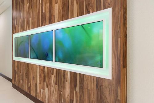 a television on a wall with a wooden wall at SpringHill Suites by Marriott Fort Worth Fossil Creek in Fort Worth