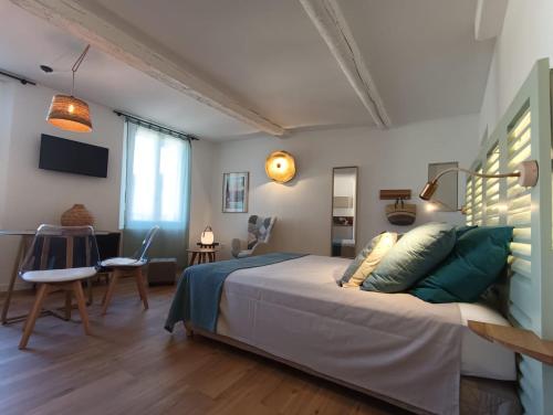 une chambre avec un lit et un salon dans l'établissement Centre historique studio rénové avec vue, à LʼIsle-sur-la-Sorgue