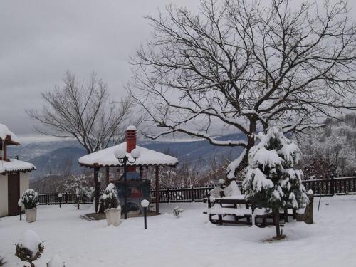a snow covered yard with a tree and a gazebo at Karyon Apartments in Kariófiton