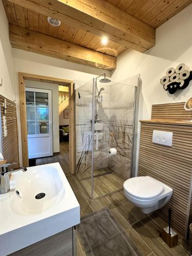 a bathroom with a shower and a toilet and a sink at Haus Treibsel in Dagebüll