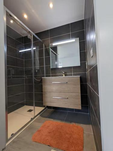 une salle de bain avec une douche avec un lavabo et un miroir dans l'établissement La Bergerie la campagne en ville, à Sarlat-la-Canéda