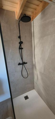 a shower in a bathroom with a shower head at Vakantiehuis Bernadette in Heuvelland