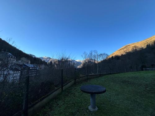 un tabouret assis dans l'herbe près d'une clôture dans l'établissement Chalet ARTIGALAS, à Eaux-Bonnes