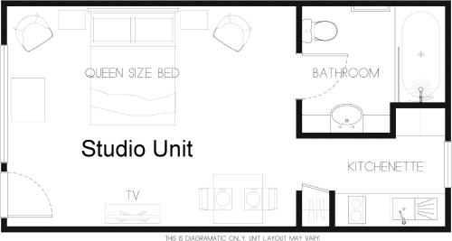 a black and white floor plan of a studio unit at Bethlehem Motor Inn and Conference Centre in Tauranga