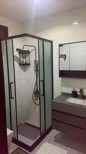 a shower in a bathroom with a sink and a mirror at Scarlett Apartments in Monrovia