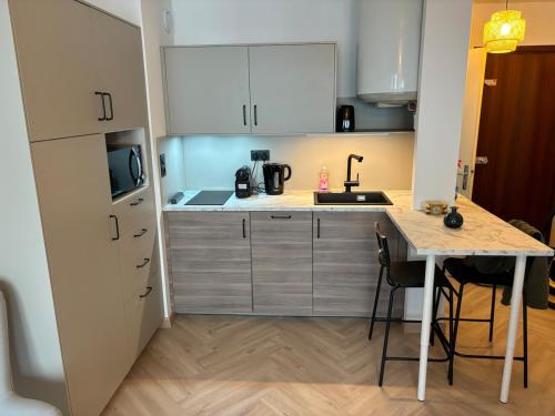 une cuisine avec des armoires blanches et une table avec des chaises dans l'établissement Studio cosy 3 étoiles, à Aix-les-Bains