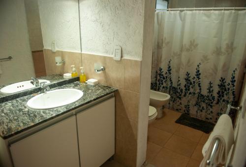 a bathroom with a sink and a toilet and a shower at Complejo BenjaLuna in San Rafael