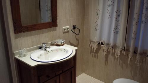 baño con lavabo y cortina de ducha en Hostal Rio Almar, en El Cabaco