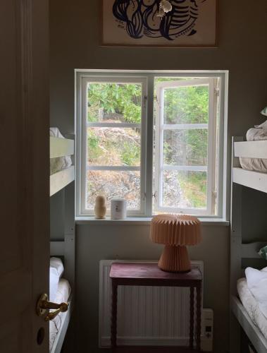 a bedroom with two windows and a table with a lamp at Atelier Blå houses in Rösselvik