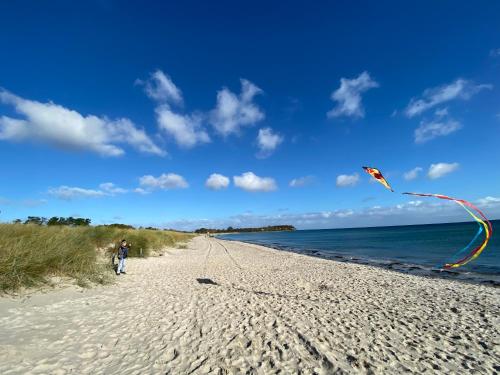 a person is flying a kite on a beach at Auf Feiningers Spuren durch das Mönchgut Doppelzimmer ohne Küche in Lobbe