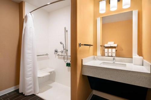 a bathroom with a sink and a toilet and a mirror at TownePlace Suites Fresno Clovis in Clovis