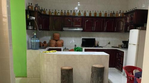 eine Küche mit Holzschränken und einer grünen Wand in der Unterkunft Hostal tequila in Tequila