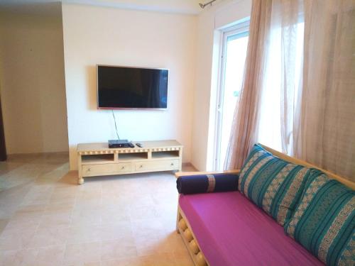 ein Wohnzimmer mit Couch und Flachbildfernseher in der Unterkunft APPART Piscine au bord de la mer à Chott Meriem in Port El-Kantaoui