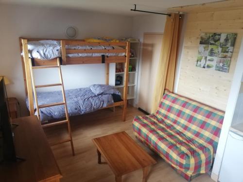 un salon avec un lit superposé et un canapé dans l'établissement Studio chaleureux de montagne, à Ustou