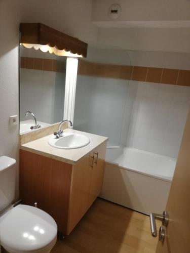 une salle de bain avec un lavabo, des toilettes et une baignoire dans l'établissement Studio chaleureux de montagne, à Ustou