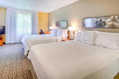 a hotel room with two beds and a television at TownePlace Suites Raleigh Cary/Weston Parkway in Cary