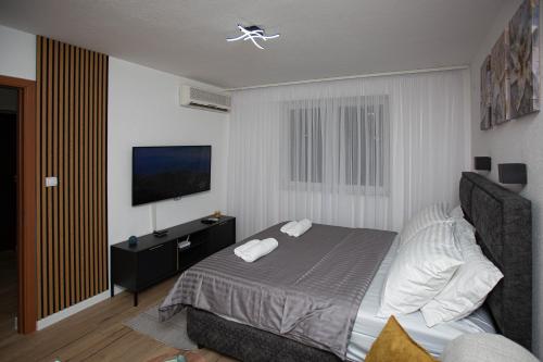 Apartman studio GRUBAC في تريبينيي: غرفة نوم مع سرير وتلفزيون بشاشة مسطحة