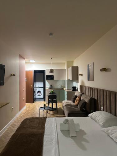 un soggiorno con un letto e un divano di Luxury Suite Studio City Centre a Tirana
