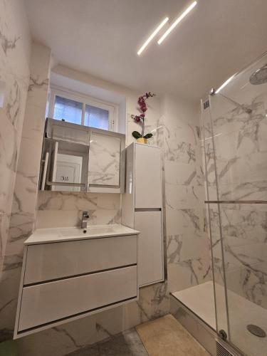 une salle de bain avec un lavabo et un réfrigérateur dans l'établissement Montmartre beautiful 67 m2 Apartment with Gym & Balcony, à Paris