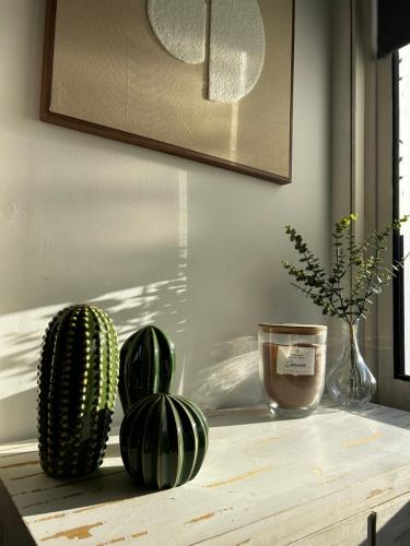 dos cactus verdes sentados en una mesa junto a una ventana en Vakantiehuisje Heuvelland, en Simpelveld