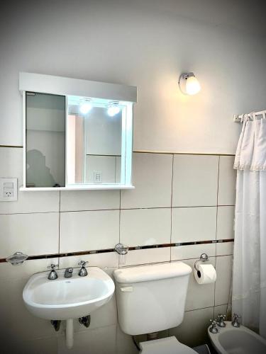 a bathroom with a sink and a toilet and a mirror at Delicado departamento en Formosa in Formosa