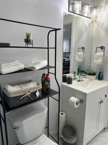 a bathroom with a toilet and a sink and a mirror at Muaysh Cozy Family suite - Londonderry Mall in Edmonton