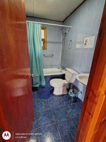 a bathroom with a toilet and a tub and a sink at Agroturismo los Colihues 2 in Castro
