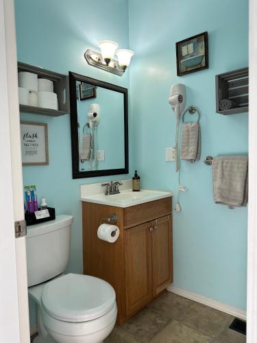 a bathroom with a toilet and a sink and a mirror at Westshore Garden Escape in Victoria