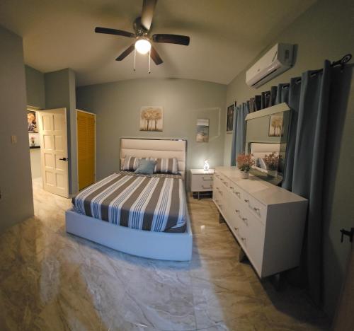 a bedroom with a bed and a ceiling fan at Addvantage Point Apartments in Montego Bay