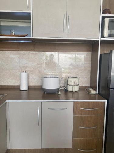 a kitchen with white cabinets and a slow cooker at Villa Lisha Orolas in Blimbing
