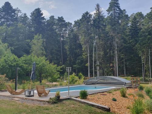 une piscine dans un jardin avec des chaises et un parasol dans l'établissement Duplex nature avec piscine, parc et Wi-Fi - FR-1-589-771, à Saint-Rémy