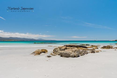 a sandy beach with rocks and the ocean at Anchors Away in Bicheno