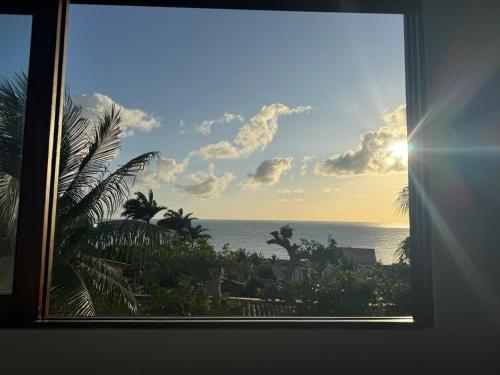 a window with a view of the ocean and palm trees at Casa Amor With Sea View in Goiana