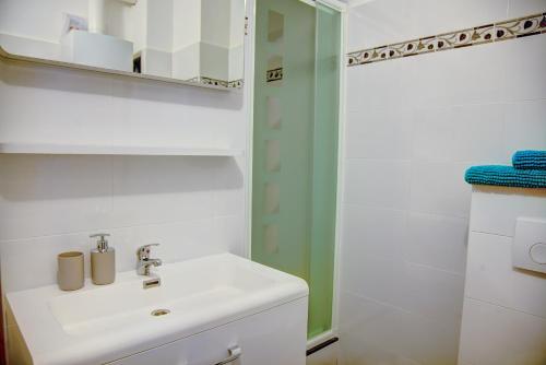 un bagno bianco con lavandino e specchio di ATW Apartments ad Anversa