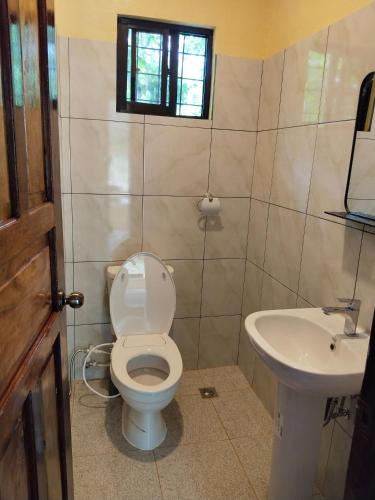 a bathroom with a toilet and a sink at Woodland Inn in El Nido