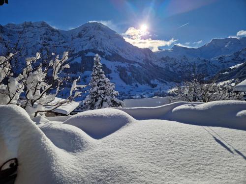 a snow covered mountain with the sun in the background at Chalet Gotthelf Gartenstudio, Ferien mit Hund in Adelboden