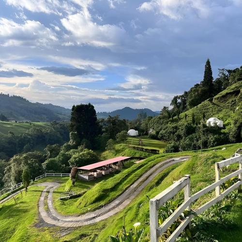 a winding road leading to a barn on a hill at Glamping Reserva del Ruiz in Villamaría