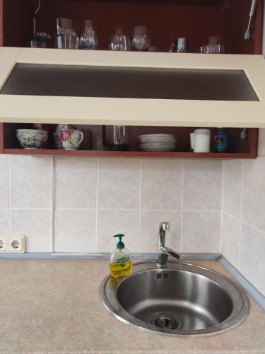 a kitchen sink with a bottle of soap on it at Cozy apartment in the middle of the city! in Daugavpils