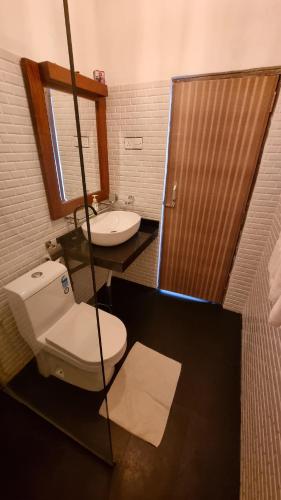 a bathroom with a toilet and a sink at Tailors Cottage in Hatton