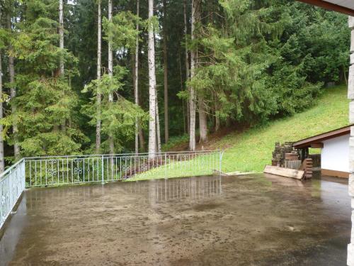 a pool of water in front of a house at Alpenrösli in Schwarzsee