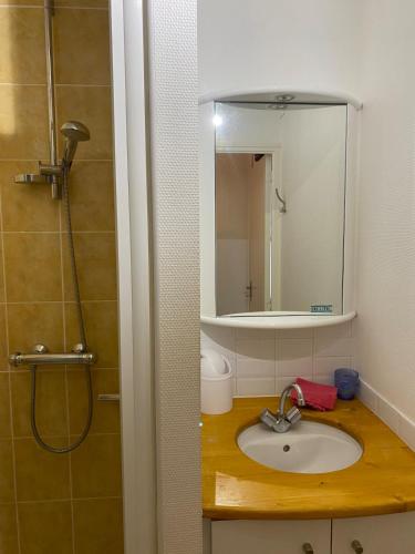 une salle de bain avec un lavabo et un miroir dans l'établissement La Plagne - Paradiski - Aime 2000 - Ski aux pieds, à Aime La Plagne
