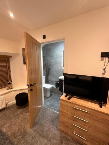 a bathroom with a toilet and a television in a room at Abbys Cottage in Windermere