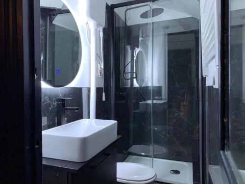 une salle de bain avec un lavabo, des toilettes et une douche dans l'établissement Apt haussamn walk tour eiffle trocadero 3minutes, à Paris