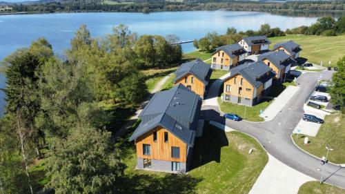 an aerial view of a row of houses next to a lake at Apartmán Na Břehu Lipna in Černá v Pošumaví