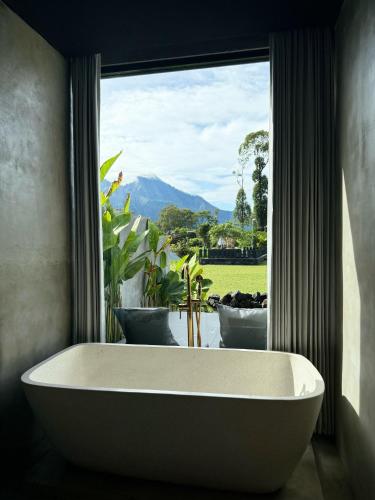 a bath tub in front of a window with plants at La Varuna Kintamani in Kintamani