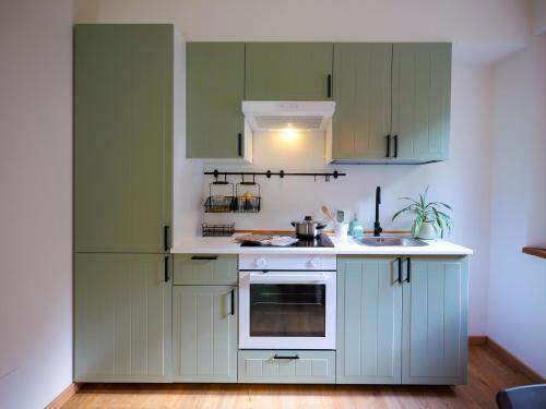 a kitchen with green cabinets and a sink at Oltrebosco Casa Vacanze in Valfabbrica